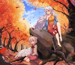 Rule 34 | 2girls, ahoge, angel wings, arm rest, arm support, autumn, autumn leaves, bare shoulders, barefoot, between legs, blue sky, blurry, blurry foreground, brooch, buna shimeji (keymush), closed mouth, collarbone, collared dress, commentary request, dappled sunlight, day, detached sleeves, dress, feathered wings, forest, full body, grey hair, hair between eyes, hand between legs, hatchet, jacket, jewelry, kishin sagume, knee up, leaf, long hair, long sleeves, looking at another, looking down, looking up, multicolored clothes, multicolored dress, multiple girls, nata (tool), nature, open clothes, open jacket, outdoors, red eyes, sakata nemuno, short hair, sidelocks, single strap, single wing, sitting, sky, smile, sunlight, toes, touhou, tree, tree shade, very long hair, white wings, wings