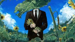 Rule 34 | 1boy, beads, black jacket, black necktie, blue sky, cloud, collared shirt, commentary request, covered face, cowboy shot, facing viewer, field, flower, flower field, formal, highres, holding, holding flower, jacket, long sleeves, male focus, mikage (yokyour18g), necktie, original, outdoors, plant roots, prayer beads, shirt, sky, solo, standing, suit, sunflower, sunflower field, water drop, white shirt, wilted flower, withered