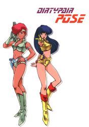 Rule 34 | 1980s (style), arm strap, blue eyes, blue hair, boots, breasts, cleavage, copyright name, dirty pair, earrings, full body, gun, hand up, handgun, headband, highres, holding, holding gun, holding weapon, holster, jewelry, kei (dirty pair), long hair, looking at viewer, medium breasts, navel, retro artstyle, open mouth, outstretched arm, pointing, red eyes, red hair, retro artstyle, short hair, simple background, weapon, white background, wristband