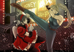 Rule 34 | 2girls, battle, belt, black hair, black legwear, blonde hair, blue eyes, bodysuit, boots, breasts, chain-link fence, company connection, detached sleeves, dodging, dress, fence, fighting vipers, fingerless gloves, garter straps, gloves, hairband, hayame (m ayame), high kick, honey (fighting vipers), kicking, long hair, mini wings, multiple girls, ponytail, puffy sleeves, red dress, sarah bryant, scrunchie, sega, sideboob, sleeveless, thighhighs, twintails, virtua fighter, white gloves, wings