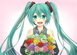 Rule 34 | 1girl, bad id, bad pixiv id, bouquet, detached sleeves, flower, green eyes, green hair, hatsune miku, headset, long hair, matching hair/eyes, open mouth, solo, tomozero, twintails, very long hair, vocaloid