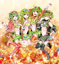 Rule 34 | 4girls, boots, breasts, costume chart, goggles, goggles on head, green eyes, green hair, gumi, headphones, highres, jacket, looking at viewer, medium breasts, gumi (v3 megpoid), midriff, multiple girls, multiple persona, navel, nou (nounknown), one eye closed, open mouth, short hair, shorts, skirt, small breasts, smile, thigh boots, thighhighs, underboob, vocaloid, wink