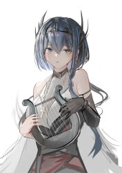Rule 34 | 1girl, absurdres, arknights, bare shoulders, black gloves, black hair, black hairband, blue eyes, breasts, bright pupils, cantabile (arknights), commentary, cross, cross necklace, elbow gloves, english commentary, gloves, hairband, highres, holding, holding instrument, instrument, jewelry, large breasts, long hair, looking at viewer, lyre, mole, mole under eye, necklace, parted lips, shirt, simple background, single glove, solo, upper body, wawamachi (wawamachis), white background, white shirt