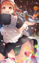 Rule 34 | 1girl, breasts, character name, commentary request, cup, drinking glass, english text, green panties, happy birthday, highres, hozumi kaoru, large breasts, looking at viewer, love live!, love live! sunshine!!, maid, orange hair, panties, red eyes, short hair, signature, solo, takami chika, tray, underwear