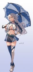 Rule 34 | 1girl, ahoge, asymmetrical legwear, blue thighhighs, breasts, crop top, cropped jacket, full body, grey eyes, hair between eyes, highres, holding, holding umbrella, jacket, kantai collection, large breasts, long hair, midriff, miniskirt, mismatched legwear, navel, official alternate costume, open clothes, open jacket, race queen, skirt, solo, standing, thighhighs, umbrella, washington (kancolle), white thighhighs, wss (nicoseiga19993411)