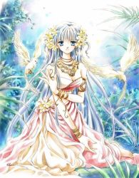 Rule 34 | 1girl, armband, artist request, bird, blue eyes, blue hair, bracelet, dove, earrings, female focus, flower, hair ornament, jewelry, jpeg artifacts, kneeling, long hair, lots of jewelry, matching hair/eyes, midriff, nature, navel, necklace, shiina satsuki, signature, skirt, solo, very long hair