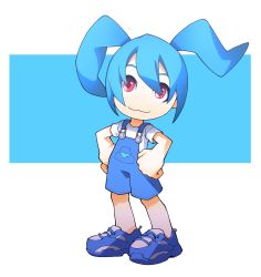 Rule 34 | blue hair, chibimon, digimon, highres, overalls, red eyes, shoes, smile