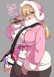 Rule 34 | 1girl, agawa ryou, bag, black pants, blonde hair, blush, breasts, buttons, coat, curvy, fur-trimmed coat, fur-trimmed sleeves, fur trim, grey background, hair between eyes, hat, holding, hood, hood up, huge breasts, long hair, long sleeves, looking at viewer, mittens, multicolored hair, open mouth, original, pants, pink coat, pink hair, plump, shoulder bag, simple background, solo, streaked hair, telescope, thick eyebrows, thick thighs, thighs, twintails, winter clothes, winter coat, yellow eyes
