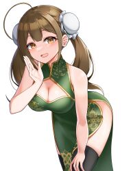 Rule 34 | 1girl, :d, absurdres, ahoge, bare shoulders, black thighhighs, blush, breasts, brown eyes, brown hair, camellia 90, china dress, chinese clothes, cleavage, cleavage cutout, clothing cutout, dress, hand on own thigh, hand up, highres, huge ahoge, idolmaster, idolmaster shiny colors, kuwayama chiyuki, large breasts, leaning forward, long hair, looking at viewer, open mouth, side slit, simple background, sleeveless, sleeveless dress, smile, solo, thighhighs, twintails, white background
