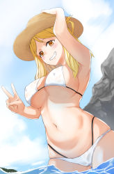 Rule 34 | 1girl, absurdres, bikini, blonde hair, breasts, covered erect nipples, day, female focus, grin, hand on headwear, hat, highres, kiru (bsesso), large breasts, long hair, looking at viewer, love live!, love live! sunshine!!, multi-strapped bikini, navel, ocean, ohara mari, outdoors, sky, smile, solo, stomach, straw hat, string bikini, swimsuit, underboob, v, wading, water, white bikini, yellow eyes, yellow hat