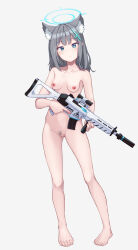 1girl absurdres animal_ear_fluff animal_ears assault_rifle bar_censor blue_archive blue_eyes blue_halo breasts censored closed_mouth completely_nude cross cross_hair_ornament dot_nose extra_ears female_pubic_hair full_body grey_hair grey_pubic_hair groin gun hair_ornament halo highres inverted_cross kuroneko_(kuroneko3zizi) looking_at_viewer medium_hair mismatched_pupils nipples nude pubic_hair pussy rifle shiroko_(blue_archive) sig_sauer_556 small_breasts solo sparse_pubic_hair weapon white_background wolf_ears