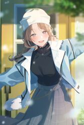 Rule 34 | 1girl, absurdres, beanie, black shirt, blue jacket, blurry, blurry foreground, blush, braid, breasts, depth of field, grey skirt, hat, highres, ichikawa hinana, idolmaster, idolmaster shiny colors, jacket, light brown hair, looking at viewer, medium breasts, odecono3, outdoors, outstretched arms, shirt, shirt tucked in, skirt, smile, solo, white hat