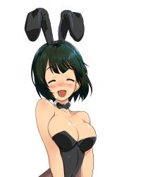 Rule 34 | 1girl, :d, animal costume, animal ears, bare shoulders, blush, bow, bowtie, breasts, cleavage, collaboration, detached collar, closed eyes, fake animal ears, female focus, green hair, happy, idolmaster, idolmaster (classic), leotard, mole, mole under mouth, open mouth, otonashi kotori, pantyhose, playboy bunny, rabbit ears, short hair, smile, solo, terra tiger, transparent background, white background, yugami