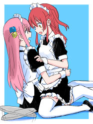 Rule 34 | 2girls, afterimage, alternate costume, apron, black dress, black footwear, blue background, blue eyes, bocchi the rock!, cube hair ornament, dress, enmaided, eye contact, girl on top, gotoh hitori, green eyes, hair ornament, kita ikuyo, long hair, looking at another, maid, maid apron, multiple girls, mutsu (layergreen), one side up, open mouth, red hair, shoes, short sleeves, simple background, straight hair, sweatdrop, thighhighs, white apron, white thighhighs, yuri