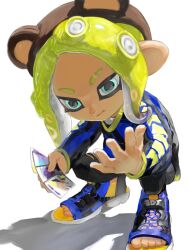 1girl animal_ears bear_ears blonde_hair blue_eyes brown_hairband card closed_mouth eyebrow_cut fake_animal_ears ga4me4 hairband highres holding holding_card long_hair long_sleeves nintendo octoling octoling_girl octoling_player_character shadow simple_background solo splatoon_(series) squatting tentacle_hair toeless_footwear white_background