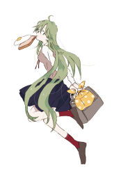 Rule 34 | 1girl, ahoge, ankle socks, arms behind back, bag, blue skirt, bread, bread slice, brown bag, brown footwear, collared shirt, food, food in mouth, fried egg, from side, full body, green hair, h kawa, holding, holding bag, long hair, long sleeves, looking at viewer, miniskirt, mouth hold, neckerchief, original, pleated skirt, red neckerchief, red socks, school bag, school uniform, shirt, shoes, simple background, skirt, socks, solo, toast, toast in mouth, very long hair, white background, white shirt, white sleeves