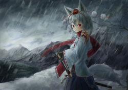Rule 34 | 1girl, animal ears, bare tree, blue skirt, cowboy shot, detached sleeves, ekaapetto, faux traditional media, fingerless gloves, frown, gloves, hand on hilt, hat, highres, inubashiri momiji, looking at viewer, mountain, overcast, pom pom (clothes), red eyes, scabbard, scarf, sheath, skirt, sky, snowing, snowstorm, solo, standing, sword, tail, tokin hat, touhou, tree, unsheathing, weapon, wind, wolf ears, wolf tail