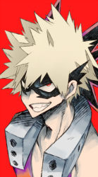 Rule 34 | 10s, 1boy, bakugou katsuki, bare shoulders, boku no hero academia, collagen, domino mask, male focus, mask, red background, red eyes, simple background, smile, solo, spiked hair, teeth, upper body