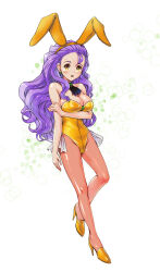 Rule 34 | 1girl, animal ears, blush, breast lift, breasts, cleavage, detached collar, earrings, fake animal ears, full body, high heels, highres, jewelry, large breasts, leotard, lisa (princess maker), long hair, looking at viewer, pantyhose, playboy bunny, princess maker (series), princess maker 3, purple hair, rabbit ears, simple background, smile, solo, standing, strapless, strapless leotard, sweatdrop, timlee (ljw00), very long hair, white background, yellow eyes, yellow footwear