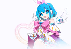 Rule 34 | 1girl, blue eyes, blue hair, chest jewel, clothes lift, commentary request, cowboy shot, cross-laced clothes, detached sleeves, detached wings, dress, dress lift, hair ribbon, headphones, heart, kaidou zx, looking at viewer, mechanical wings, mega man (series), mega man x (series), mega man x dive, navel, open mouth, paid reward available, pink ribbon, pink sleeves, ribbon, ribbon between breasts, rico (mega man), robot girl, short hair, sleeveless, sleeveless dress, smile, solo, white background, white dress, white sleeves, wings