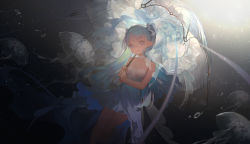 Rule 34 | 1girl, aqua hair, bare shoulders, breasts, choker, collarbone, dress, echosdoodle, grey eyes, highres, holding, holding umbrella, jellyfish, long hair, looking at viewer, original, personification, pointy ears, small breasts, solo, twintails, umbrella, underwater, white dress