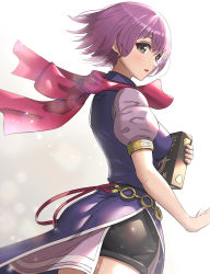Rule 34 | 1girl, ass, blush, book, breasts, brown eyes, dress, fire emblem, from behind, gonzarez, highres, katarina (fire emblem), looking at viewer, medium breasts, nintendo, open mouth, purple hair, scarf, shiny clothes, shiny skin, short hair, short shorts, shorts, sideboob, smile, solo