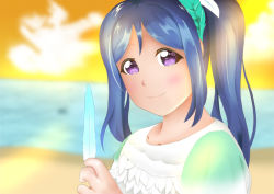 Rule 34 | 1girl, aqua dress, artist name, artist request, beach, blue hair, blush, breasts, cloud, collarbone, dreamy color, dreamy color (love live!), dress, feather dress, feather hair ornament, feathers, female focus, hair between eyes, hair ornament, hairclip, high ponytail, holding, holding feather, long hair, looking at viewer, love live!, love live! school idol festival, love live! sunshine!!, matsuura kanan, ocean, orange sky, outdoors, parted lips, plaid, plaid dress, pleated, pleated dress, ponytail, purple eyes, short sleeves, sky, smile, solo, upper body, white dress, white feathers, yellow sky