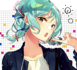 Rule 34 | 1girl, :o, alternate hairstyle, aqua hair, bad id, bad pixiv id, bang dream!, blue jacket, braid, collarbone, commentary request, green eyes, grid background, hair ornament, hairpin, hikawa hina, jacket, long sleeves, looking at viewer, open mouth, pointing, pointing at self, shino yuki, short hair, solo, star (symbol), twin braids, twitter username, upper body