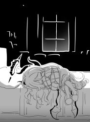 Rule 34 | 1girl, bed, blue archive, closed eyes, demon horns, demon wings, greyscale, halo, hina (blue archive), hina (pajamas) (blue archive), horns, long hair, long sleeves, lying, monochrome, multiple horns, nishino hikoji, on side, pajamas, pillow, slippers, solo, wings