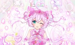 1girl ;d ahoge animal_ears aqua_eyes artist_request blurry blurry_background bouquet breasts bridal_veil bride brooch cat_ears cleavage cleavage_cutout clothing_cutout dress elbow_gloves falling_petals floating_hair flower gloves hair_flower hair_ornament hair_ribbon heart heart_ahoge holding holding_bouquet jewelry long_hair looking_at_viewer neck_ribbon official_alternate_costume official_art one_eye_closed open_mouth petals pink_flower pink_gemstone pink_hair pink_rose ribbon rose rosia_(show_by_rock!!) show_by_rock!! smile solo sparkle third-party_source tiara twintails upper_body veil wedding_dress white_gloves