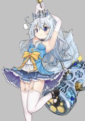 Rule 34 | 1girl, absurdres, ai cao, animal ear fluff, animal ears, arm behind head, armpits, arms up, bare shoulders, black footwear, blue camisole, blue eyes, blue skirt, blush, breasts, camisole, closed mouth, commentary request, copyright request, elbow gloves, frilled skirt, frills, garter straps, gloves, grey background, hair between eyes, hammer, highres, holding, holding hammer, long hair, looking at viewer, original, pleated skirt, shoes, silver hair, simple background, skirt, small breasts, smile, solo, sparkle, standing, standing on one leg, tail, thighhighs, tiara, very long hair, white gloves, white thighhighs