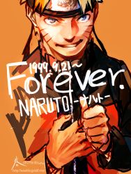 Rule 34 | 1boy, blonde hair, blue eyes, character name, copyright name, forehead protector, grin, looking at viewer, male focus, naruto, naruto (series), orange background, short hair, smile, solo, thumbs up, uzumaki naruto, zifletts