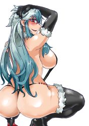 Rule 34 | 1girl, alternate costume, ass, black footwear, black gloves, black thighhighs, blue hair, blush, breasts, elbow gloves, eyebrows, from behind, fur trim, gloves, hand on own head, heiseikorotaisei, high heels, kamishirasawa keine, large breasts, long hair, looking at viewer, looking back, multicolored hair, open mouth, shiny clothes, shiny skin, shoes, sidelocks, simple background, smile, solo, squatting, thick eyebrows, thick thighs, thighhighs, thighs, thong, touhou, two-tone hair, very long hair, white background