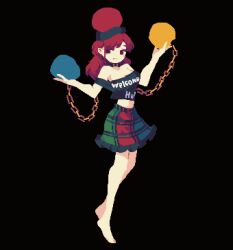 Rule 34 | 1girl, 4qw5, bare shoulders, barefoot, black background, black headwear, black shirt, chain, closed mouth, clothes writing, full body, hecatia lapislazuli, looking at viewer, medium hair, multicolored clothes, multicolored skirt, pixel art, plaid, plaid skirt, red eyes, red hair, shirt, simple background, skirt, solo, touhou