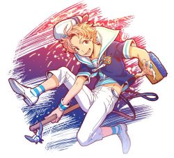 Rule 34 | 10s, 1boy, artist name, blue eyes, bnjgm., gradient background, hat, idolmaster, idolmaster side-m, kabuto daigo, looking at viewer, male focus, navel, pants, pink hair, sailor, sailor collar, sailor hat, sailor shirt, shirt, shoes, signature, sneakers, solo, striped clothes, striped shirt, white pants, wrist cuffs