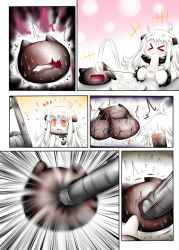 Rule 34 | &gt; &lt;, 10s, 1girl, ^^^, abyssal ship, asphyxiation, choking on object, comic, commentary, eating, closed eyes, floating fortress (kancolle), flying sweatdrops, food, kantai collection, long hair, mittens, mochi, northern ocean princess, ouno (nounai disintegration), pale skin, plate, sweat, sweatdrop, vacuum cleaner, wagashi, white hair, yellow eyes