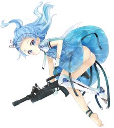 Rule 34 | 1girl, absurdres, ads (girls&#039; frontline), ads amphibious rifle, ass, assault rifle, bad id, bad pixiv id, barefoot, blue dress, blue eyes, blue flower, blue hair, blush, bullpup, caseless firearm, closed mouth, commentary, dress, dual-medium assault rifle, facial mark, floating hair, flower, forehead, forehead mark, full body, girls&#039; frontline, gloves, grenade launcher, gun, highres, holding, holding gun, holding weapon, kbp instrument design bureau, long gun, long hair, looking at viewer, multiple-barrel firearm, name connection, no shoes, object namesake, panties, ponytail, puffy short sleeves, puffy sleeves, rifle, see-through, short sleeves, simple background, single thighhigh, soles, solo, suppressor, thighhighs, tskib soo, tsukiyo (skymint), underbarrel grenade launcher, underwater firearm, underwear, weapon, white background, white gloves, white panties, white thighhighs