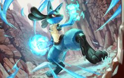 Rule 34 | blue fur, canyon, closed mouth, commentary request, creatures (company), day, energy, full body, furry, game freak, gen 4 pokemon, legs apart, lucario, nintendo, outdoors, pokemon, pokemon (creature), red eyes, solo, standing, sweat, tapioka chaso