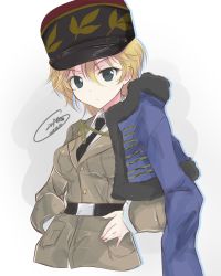 Rule 34 | 10s, 1girl, artist name, asparagus (girls und panzer), bad id, bad twitter id, bc freedom military uniform, belt, black belt, black necktie, blonde hair, blue jacket, brown jacket, closed mouth, commentary request, cropped torso, dated, dress shirt, frown, getsumen suibaku ver. a(c), girls und panzer, girls und panzer ribbon no musha, green eyes, hands on own hips, hat, highres, jacket, jacket on shoulders, military, military uniform, necktie, one-hour drawing challenge, red hat, shako cap, shirt, short hair, signature, solo, uniform, upper body, white shirt, wing collar