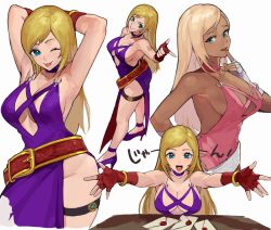 Rule 34 | 1girl, alternate color, armpits, arms behind head, arms up, blonde hair, blue eyes, breasts, cleavage, dark-skinned female, dark skin, dress, fatal fury, flower, flower tattoo, garou: mark of the wolves, green eyes, high heels, highres, jenet behrn, jolly roger, large breasts, long hair, one eye closed, oni gini, pirate, purple dress, rose, simple background, smile, snk, tan, tattoo, the king of fighters, the king of fighters xv, thigh strap, white background, wink