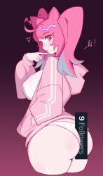 Rule 34 | 1girl, absurdres, animal ears, ass, between buttocks, blue hair, breasts, cat ears, cat girl, covered erect nipples, finger to mouth, flying sweatdrops, gradient hair, hand in pocket, highres, hood, hoodie, large breasts, long hair, looking at viewer, mae algae, mae algae (character), milestone celebration, multicolored hair, open clothes, open hoodie, original, panties, pink eyes, pink hair, pink hoodie, shirt, solo, sweat, two side up, underwear, white panties, white shirt