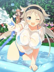 Rule 34 | 1girl, bikini, blue bikini, blue eyes, blush, breasts, brick, brown hair, cleavage, collarbone, faucet, flower, grass, hair ornament, hairband, headband, highres, hose, huge breasts, ibuki (senran kagura), kneeling, leaf, lens flare, long hair, looking at viewer, low twintails, official art, one eye closed, open mouth, pink flower, plant, pool, red flower, see-through, senran kagura, senran kagura new wave, shirt, smile, solo, spray, spraying, swimsuit, t-shirt, thick thighs, thighs, twintails, wading, wading pool, water, wet, wet clothes, wet shirt, yaegashi nan, yellow flower