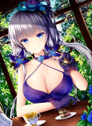 Rule 34 | 1girl, azur lane, blue eyes, blue flower, blue rose, blush, breasts, cake, choker, cleavage, closed mouth, commentary, cup, dress, dutch angle, elbows on table, feeding, flower, food, gloves, hair flower, hair ornament, highres, holding, holding spoon, illustrious (azur lane), illustrious (never-ending tea party) (azur lane), incoming food, indoors, large breasts, long hair, looking at viewer, low twintails, mole, mole under eye, pov feeding, purple dress, purple gloves, rose, saucer, shiny skin, smile, solo, spoon, table, teacup, tiramisu, twintails, white hair, window, wsman