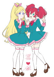 Rule 34 | 2girls, :d, aikatsu! (series), aikatsu friends!, asuka mirai (aikatsu friends!), big hair, blonde hair, blue dress, blue eyes, bow, bowtie, brown footwear, buttons, closed mouth, commentary, dated, double-breasted, dress, english commentary, geshumaro, green eyes, hair bow, heart, high heels, highres, holding hands, interlocked fingers, kamishiro karen, long hair, long sleeves, looking at viewer, medium hair, multiple girls, open mouth, pink bow, pink sailor collar, ponytail, pumps, purple bow, red bow, red hair, red neckwear, sailor collar, sailor dress, shoes, signature, simple background, smile, standing, standing on one leg, thighhighs, twintails, very long hair, white background, white legwear