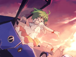 Rule 34 | 00s, 1girl, :d, ahoge, aircraft, airplane, bare shoulders, cockpit, dress, evening, glass, green hair, jet, light rays, macross, macross frontier, music, open mouth, outdoors, outstretched arm, ranka lee, red eyes, singing, sketch, smile, solo, standing, sunlight, sunset, wristband, xexu, yellow dress
