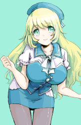 Rule 34 | 10s, 1girl, adapted costume, arms at sides, atago (kancolle), bad id, bad pixiv id, beret, blonde hair, blouse, blue skirt, breasts, forearms at chest, green eyes, hat, highres, kantai collection, large breasts, leaning forward, light smile, long hair, looking at viewer, pantyhose, pencil skirt, puffy short sleeves, puffy sleeves, shirt, short sleeves, skirt, skirt set, smile, solo, tochita, uniform, white shirt