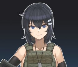 Rule 34 | 1girl, absurdres, black background, black gloves, blue eyes, closed mouth, collarbone, commentary, crossed bangs, dog tags, elbow gloves, english commentary, escape from tarkov, fluf.p, gloves, gun, hair ornament, hairclip, highres, holding, holding weapon, long hair, looking at viewer, night, original, outline, ponytail, purple hair, rifle, smile, straight hair, upper body, very long hair, weapon, white outline