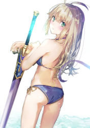 Rule 34 | &gt;:/, 1girl, :/, alternate hairstyle, artoria pendragon (all), artoria pendragon (fate), ass, back, bikini, blonde hair, blue bikini, blurry, blush, commentary request, depth of field, excalibur (fate/stay night), fate/stay night, fate (series), from behind, green eyes, hair down, long hair, looking at viewer, looking back, revision, saber (fate), side-tie bikini bottom, solo, swimsuit, sword, v-shaped eyebrows, weapon, yuugen