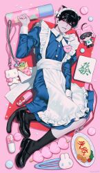 Rule 34 | 1boy, animal ears, apron, black eyes, black footwear, black hair, black socks, blue dress, blush, cat boy, cat ears, cat tail, charm (object), colorful, crossdressing, dress, food, frilled apron, frills, from above, full body, gyuing666, hairpin, hand up, heart pin, highres, legs together, long skirt, looking at viewer, lying, mahjong, mahjong tile, maid, maid headdress, male focus, male maid, multiple hairpins, omelet, omurice, on back, original, parted lips, pill, ribbon, short hair, skirt, socks, solo, star pin, tail, white ribbon