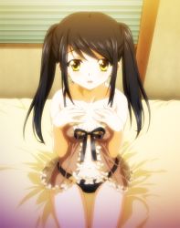 Rule 34 | 1girl, :d, babydoll, black hair, black panties, bokura wa piacere, game cg, hands on own chest, lingerie, navel, open mouth, panties, see-through, sitting, smile, solo, takano kotoko, twintails, underwear, underwear only, watanabe yoshihiro, yellow eyes